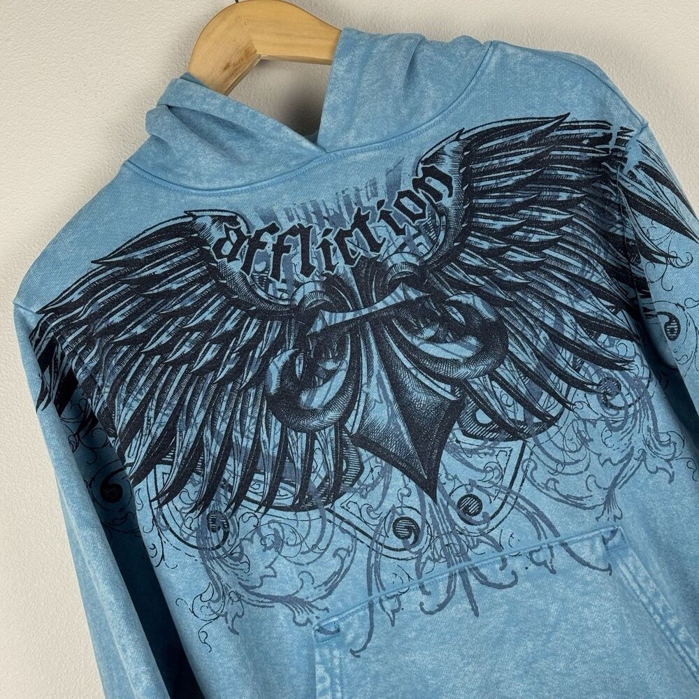 Affliction Ice Blade Blue wash hoodie Gothic wing graphic Pullover Sz Large WMNS